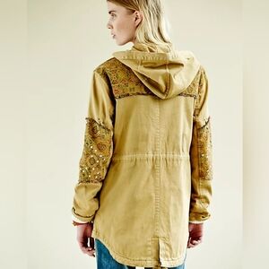 Boho Free People Warm Crafted Cloth Tapestry Utility Jacket Fully Lined